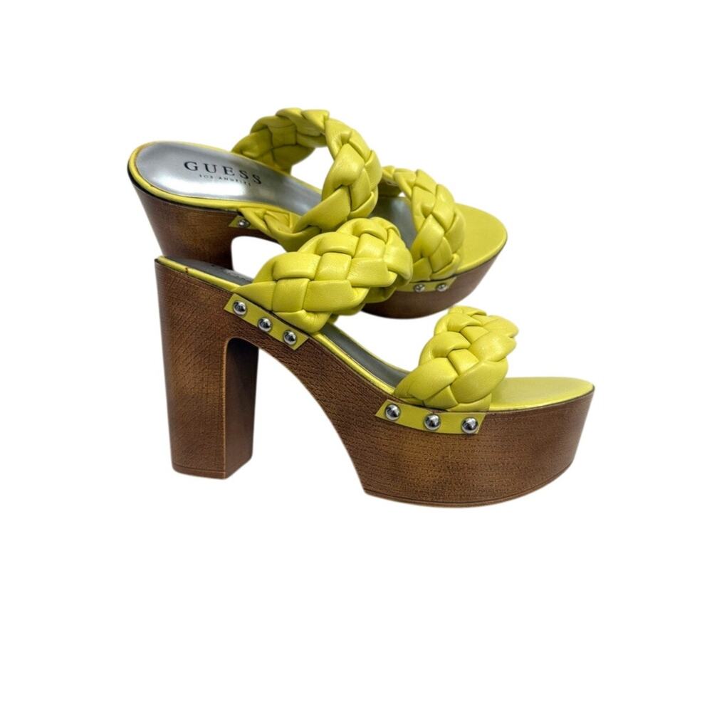 new Guess Oakly 7 platform neon faux wood braided heels sandals 3421